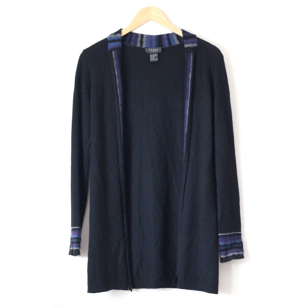 Forte Womens 100% Cashmere Open Cardigan Sweater Long Size Small Black Blue Knit
